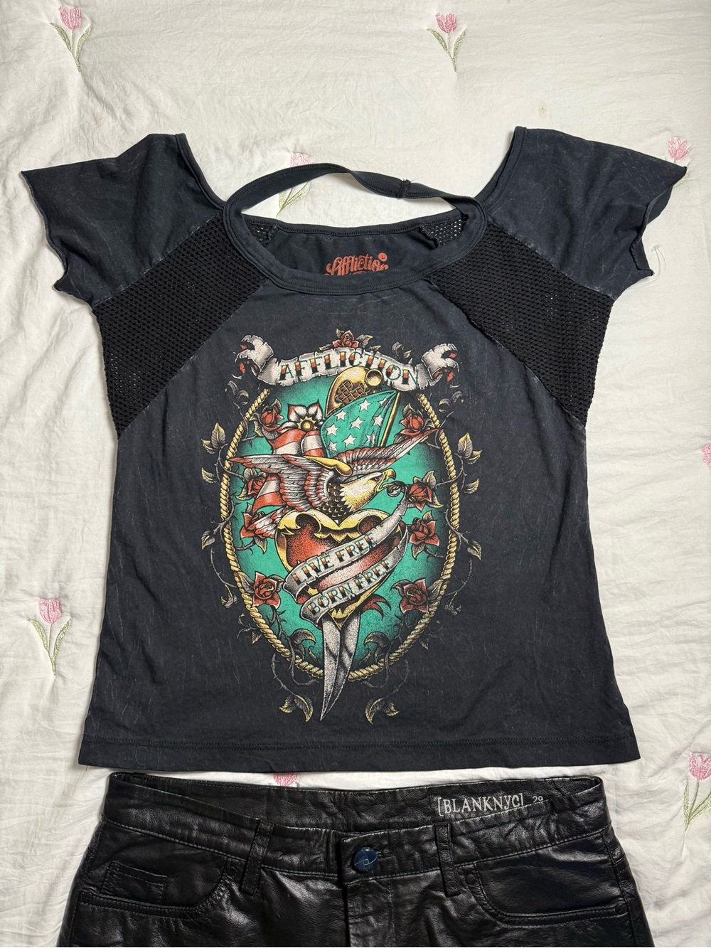 Affliction Vintage y2k Cut Out Grunge Mesh Graphic Top